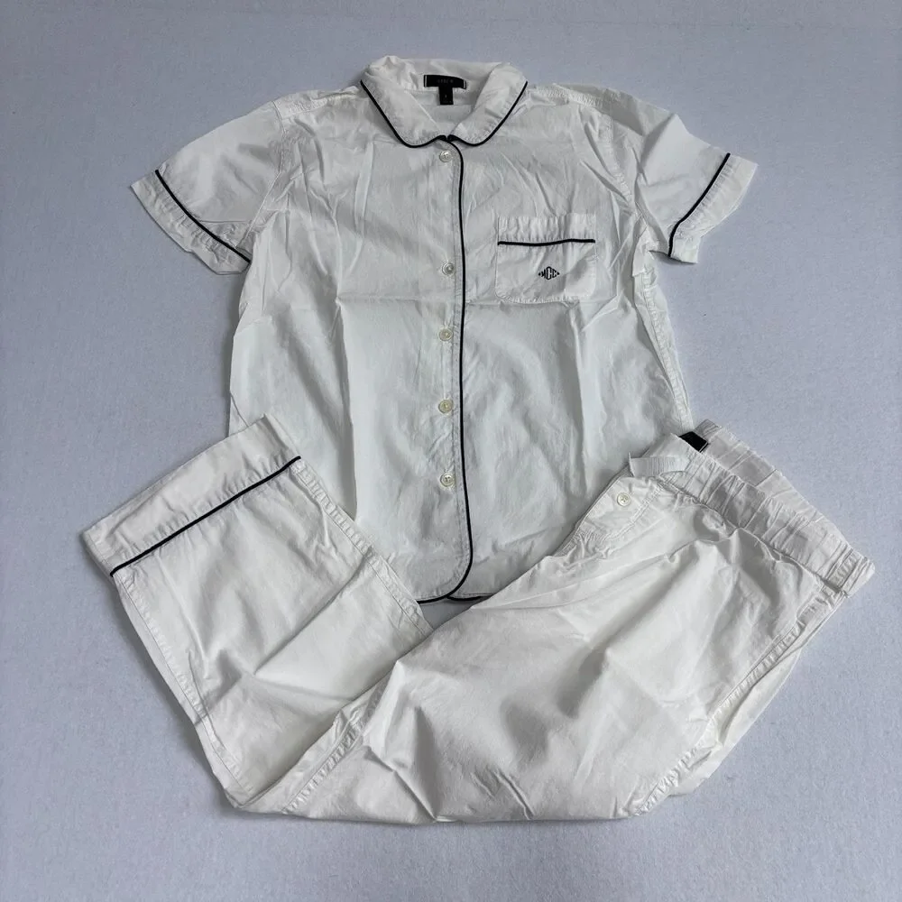 J. Crew Cotton Pajama Set Women's S White Short Sleeve Cropped Pants Preppy